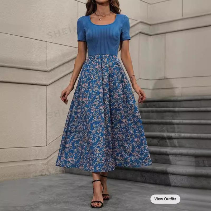 Women Multicolor Splicing Floral Short Sleeve Ladies Dresses Long Dresses