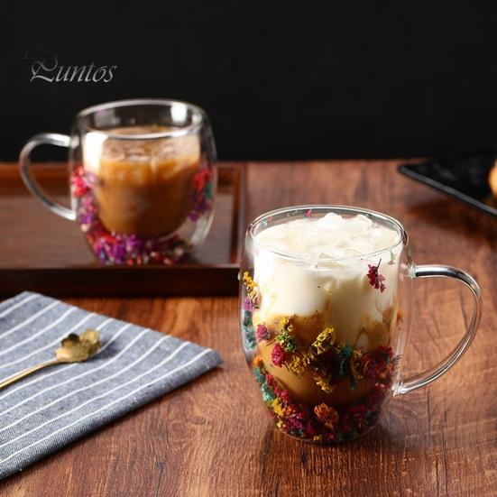 Double Wall Glass Floral Mug 250ml/350ml Clear Aesthetic Drink Cup with Insulated Handle Real Flower Decoration Double Layered Heat Preserving