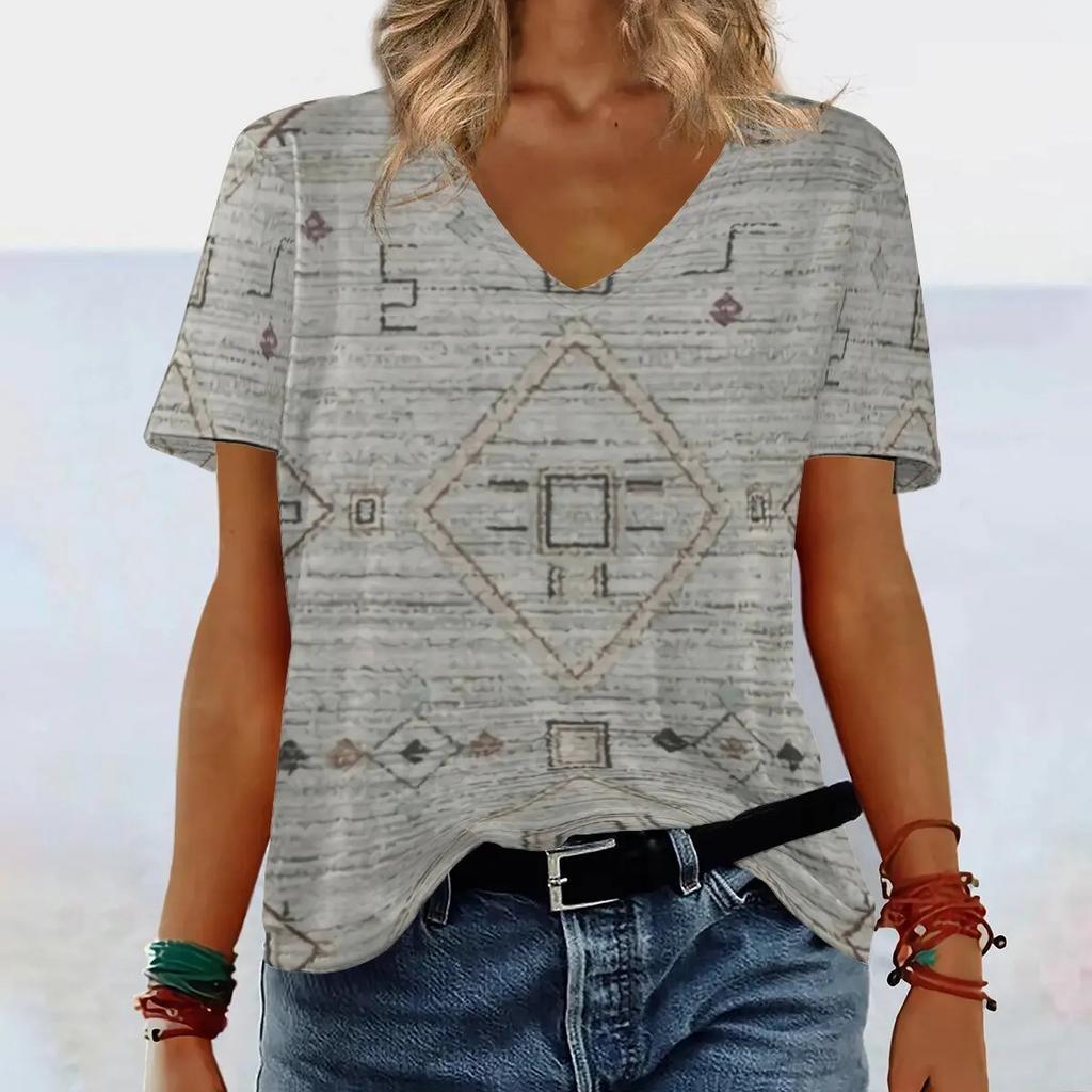 Short Sleeved V-neck Summer Ethnic Style Print Design Casual Women's T-shirts