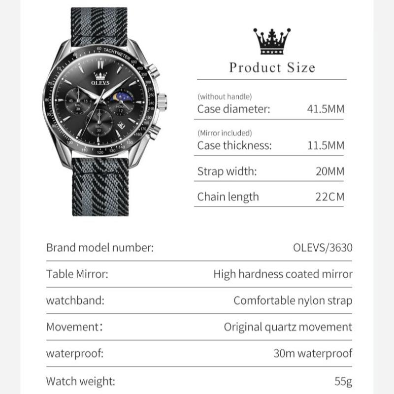 OLEVS New Luxury Man Watch Fashion Nylon Fabric Strap Original Quartz Watch for Men Moon Phase Chrono Multifunction Men's Watch