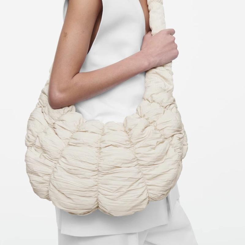 Cos Crescent Design Pleated Texture Zipper Closure Polyester Croissant Bag Women Handbags Off-White 1234770003 Ecru,Large