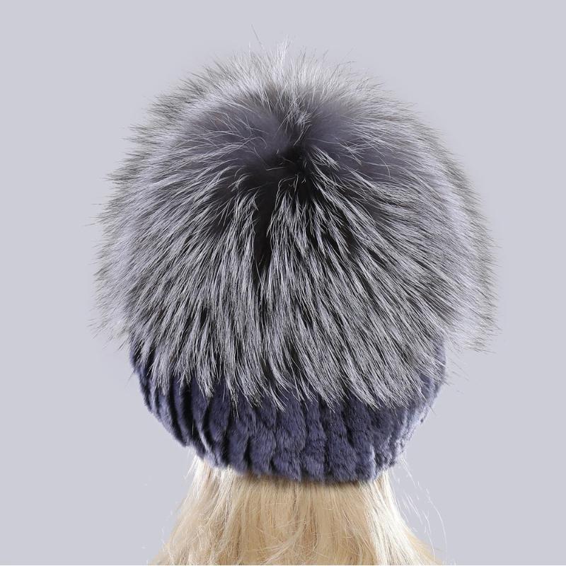 New Outdoor Good Elastic Natural Rex Rabbit Fur Hat Women Winter Knitted Real Sliver Fox Fur Cap Lady Real Fur Hats