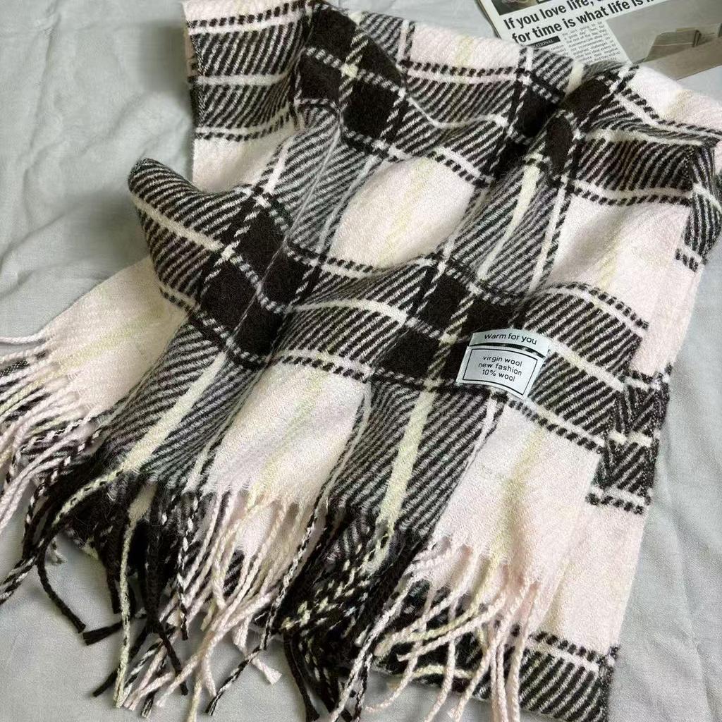 Women's Wool Blend Plaid Tassel Scarf - Warm, Thick, Versatile Korean-Style Shawl for Autumn/Winter