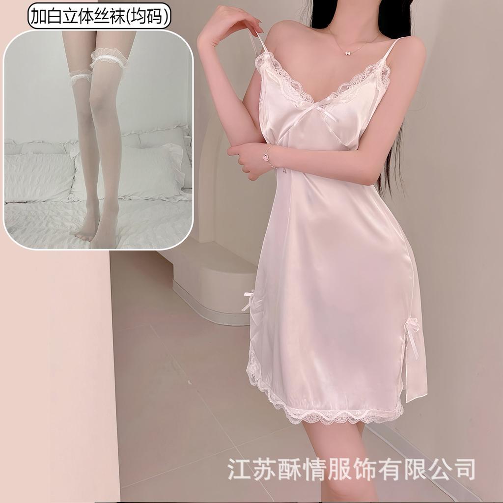 Sexy pure desire style new lace suspender nightdress women's satin thin sexy deep V split set