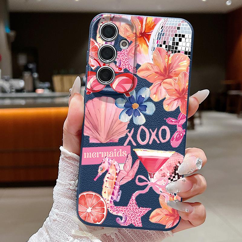 Pink Cartoon Pattern Floral Case For Samsung Galaxy A57 A56 A55 A54 5G A37 A36 A35 A34 A17 A16 A15 A14 Leather Texture Silicone Cover