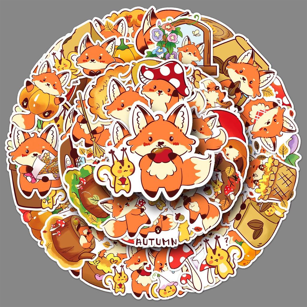 50 Little Fox Autumn Cartoon Stickers Cute Hand-painted Animal Decorative Mobile Phone Case Guka Stickers