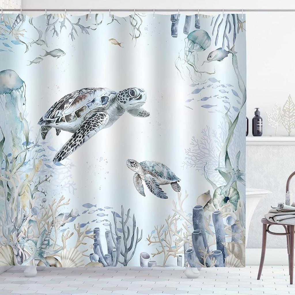 Coastal Turtle Shower Curtain Fish Coral Starfish Seashell Blue Ocean Beach Shower Curtains for Bathroom Waterproof Polyester Fa