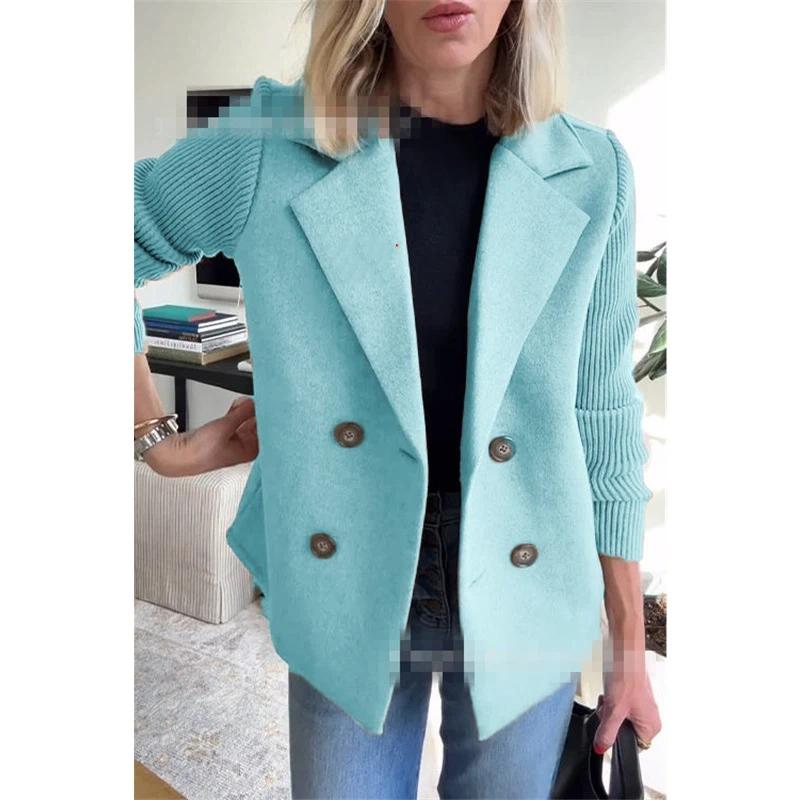 Women's Double Breasted Knit Sleeve Blazer Patchwork Wool Blend Notched Lapel Office Jacket