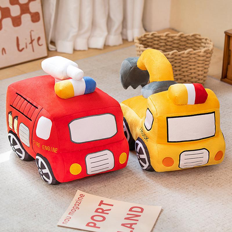 Cartoon Excavator Plush Toy Simulation Construction Fire Police Car Soft Stuffed Animal Kids Birthday Gift