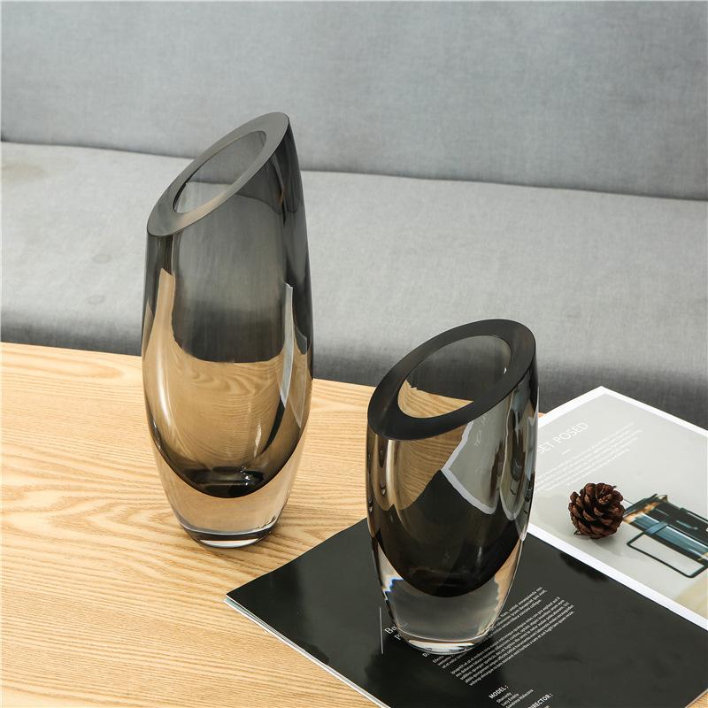 Gray Glass Vase Transparent Geometric Slanted Mouth Floral Vase Arranging Flowers Hydroponics Terrarium Flowerpot Vases Pots