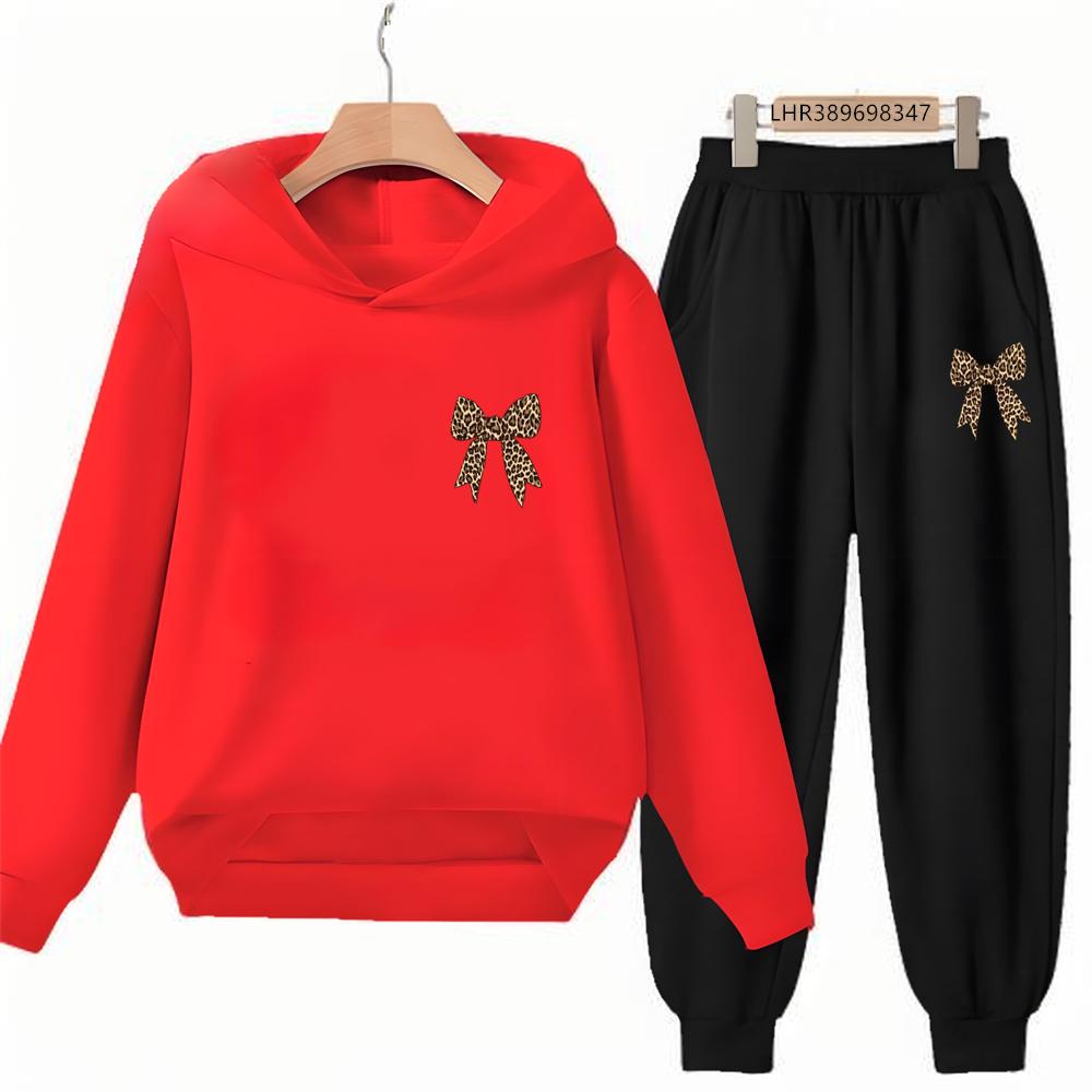 Bow Print Girls Red Hoodie Children 3-12 Years Boys Casual Tops+Pants Sets Long Sleeves Autumn Fashion Kids Long Sleeves Clothes