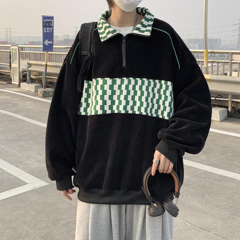 

Толстовка с вафельным узором в стиле ретро с цветными блоками: Мужская куртка-поло с полумолнией для весны и осени. M чёрный