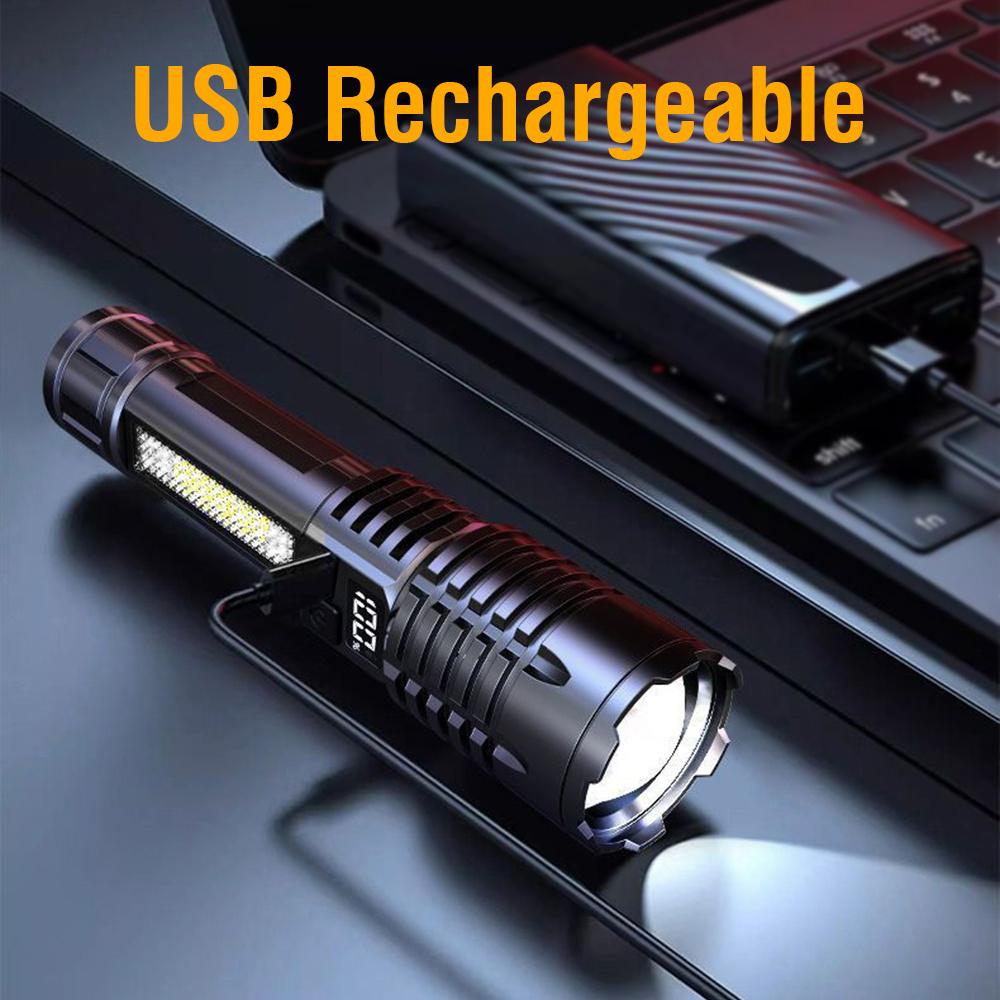 High Power Led Flashlight Rechargeable Tactical Torch Built-In Battery Hand Lamp Long Shot For Camping USB charging side light red blue warning light