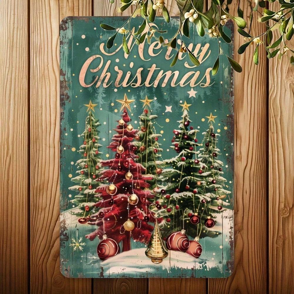 Vintage Tin Sign Holiday Tree Wall Art 12x8 Inch Aluminum Decor for Home Office Cafe