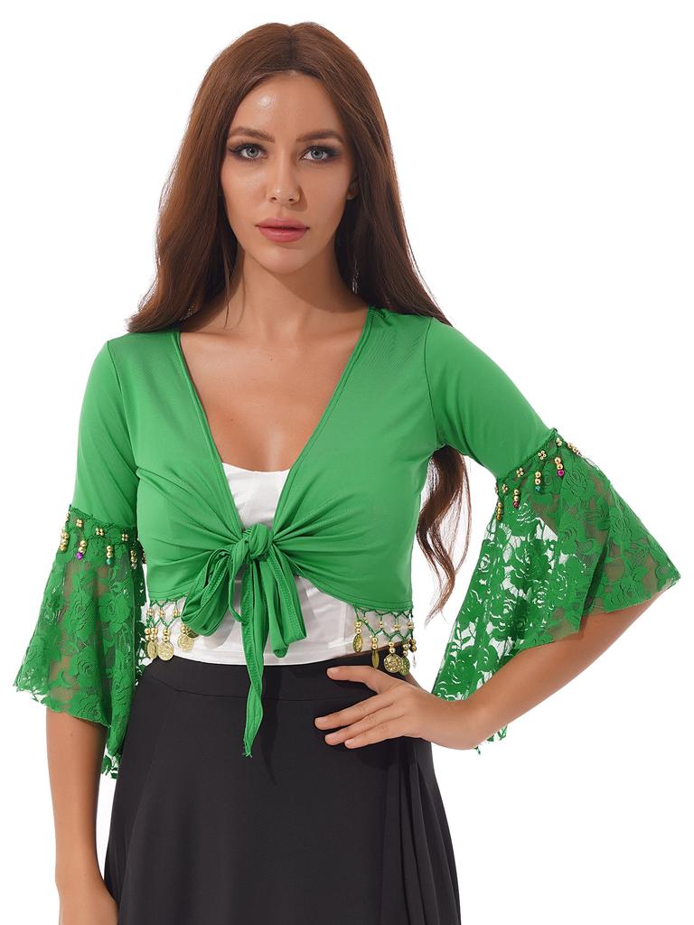 Womens Belly Dance Crop Top Lace Patchwork 3/4 Flared Sleeves Bell Bead Tassel Lace Up Detail Shawl Cardigan