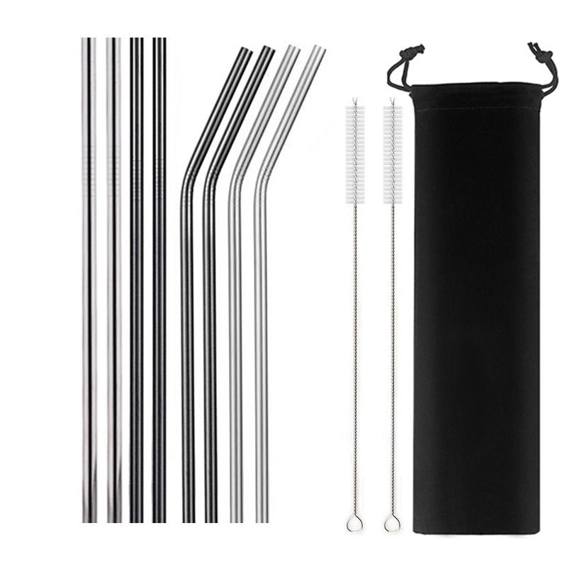 8Pcs Colorful Reusable Metal Straw High Quality 304 Stainless Steel Straws Set with Cleaner Brush Bar Party Drinking Straws