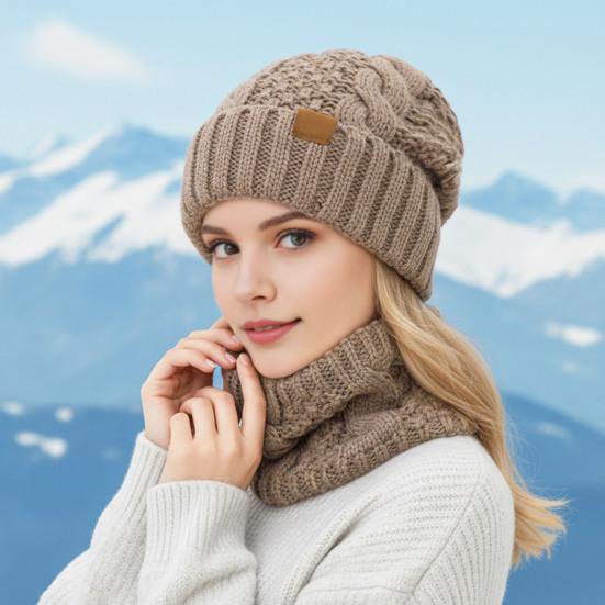 Conjunto de Chapéu e Cachecol Feminino 2 Peças/Conjunto Cor Sólida Textura Torcida Quente Térmico Tricotado Chapéu Cachecol de Pescoço Conjunto Acessórios de Inverno para Exterior