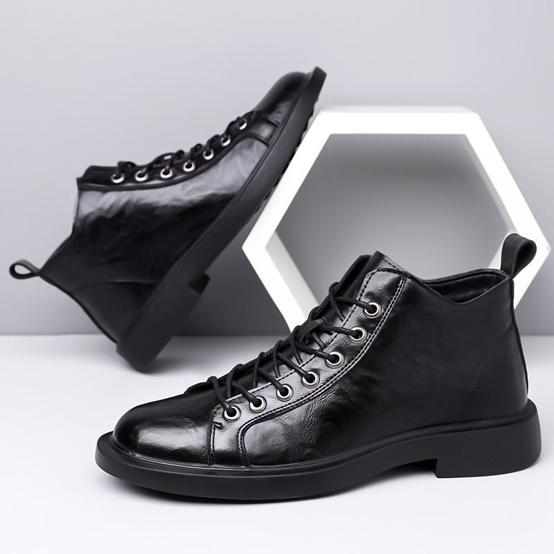 Men Leather Ankle Boots Lace Up Thick Sole Non Slip Casual Daily Fashion High Top Shoes