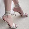 New one-word open-toed sandals for women, sexy temperament lace mesh white high heels for women, thin heel round head