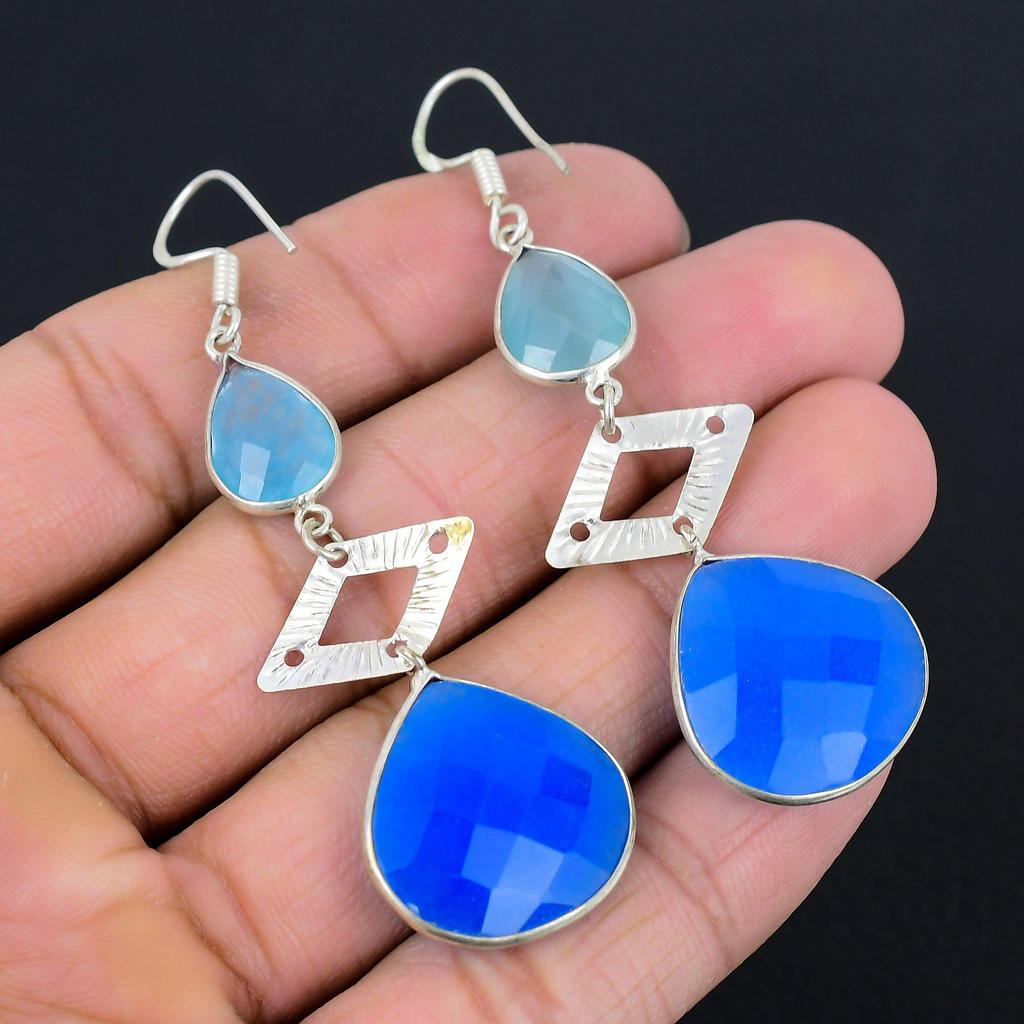 925 Sterling Silver Blue Sapphire Stone Dangle Drop Wife Hook Earrings Jewelry