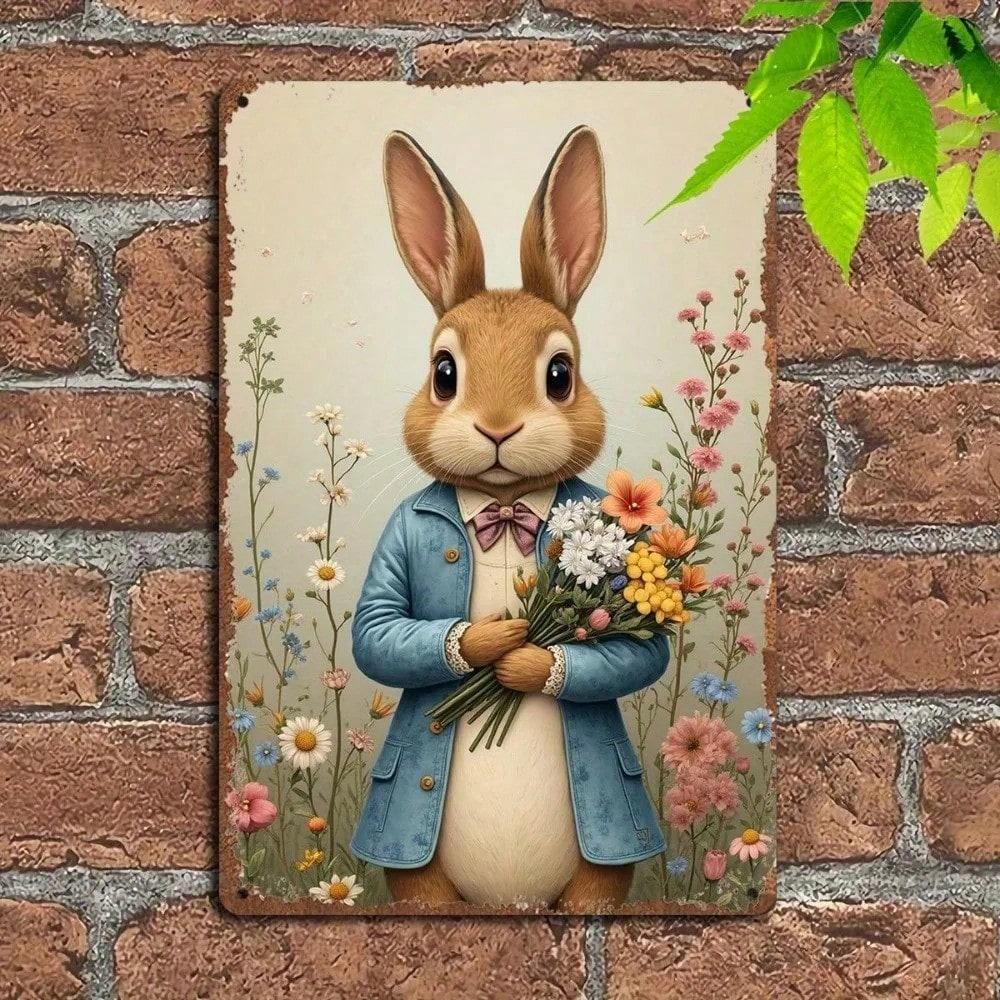 Vintage Rabbit Bouquet Metal Tin Sign Rustproof Retro Wall Decor Plaque 8x12 Inch Home Bar Cafe Kitchen Garden