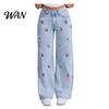 High Elasticity Denim Girl's Bow Cherry Print Baggy Jeans, Wide Leg Mid Waisted Women Jeans Pants, Zipper Fly Elastic Casual Streetwear with Pockets