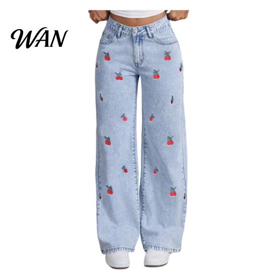 High Elasticity Denim Girl's Bow Cherry Print Baggy Jeans, Wide Leg Mid Waisted Women Jeans Pants, Zipper Fly Elastic Casual Streetwear with Pockets