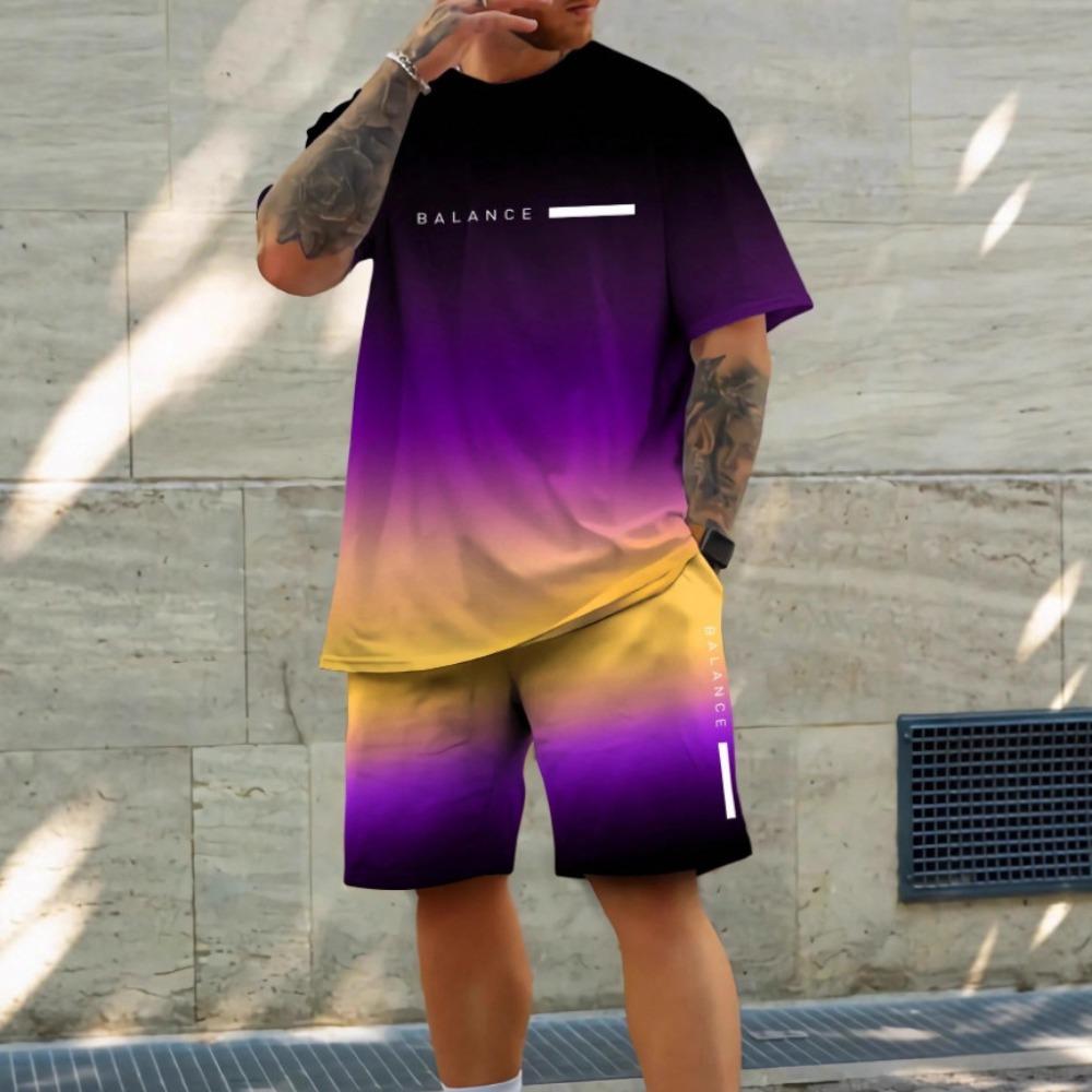 Summer Men's Fashionable Gradient Color 3D Digital Printed Round Neck Short Sleeved Shorts Set Loose Oversized Breathable Comfortable Sports Wear