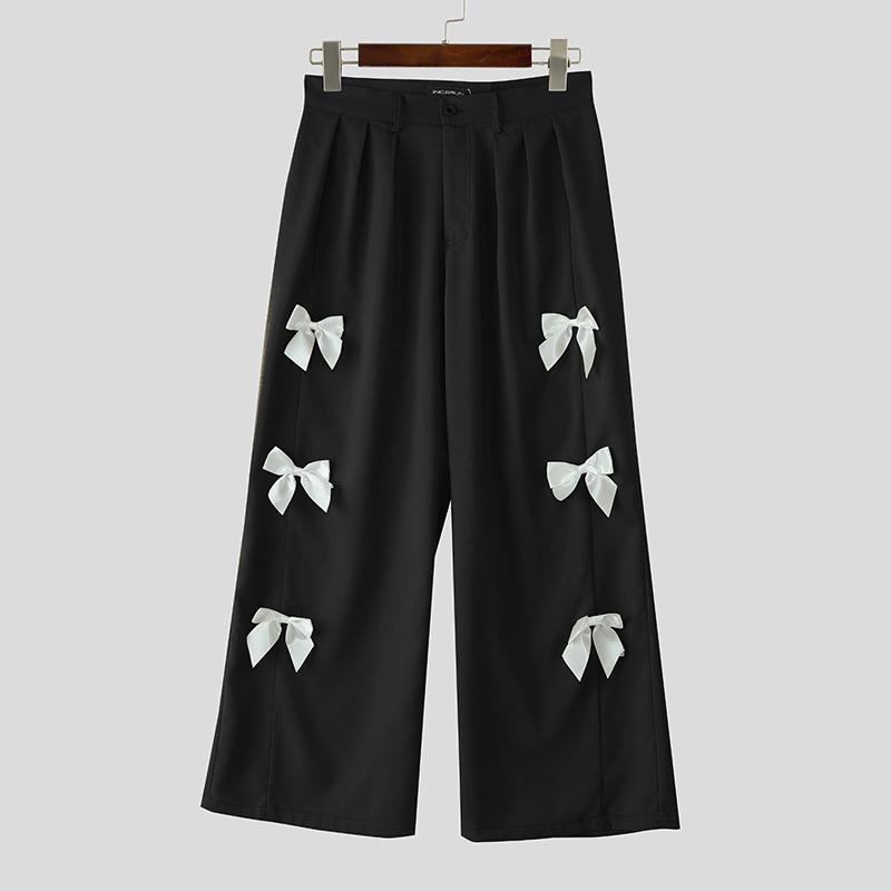 INCERUN Men High Zip-up Waist Bow Knot Casual Wide Legs Pants Trousers