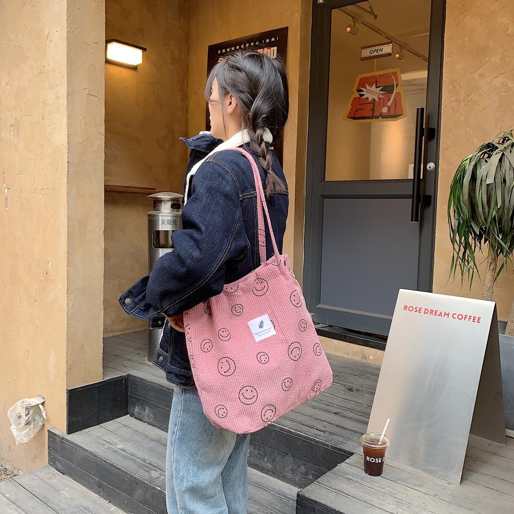 Vintage Corduroy Smiley Shoulder Tote Bag Female Student Class Canvas Bag Simple Handheld Bag Bag