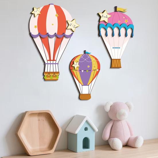 3 Pcs Hot Air Balloon Wall Decor Boho Wooden Nursery Wall Art for Living Room Bedroom Hallway Baby Shower Home Decor