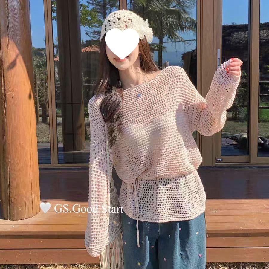 

Дизайн 2025 Вязаный топ-свитер свободного кроя с длинным рукавом и вырезами, круглым вырезом и кардиганом с защитой от солнца XL розовый