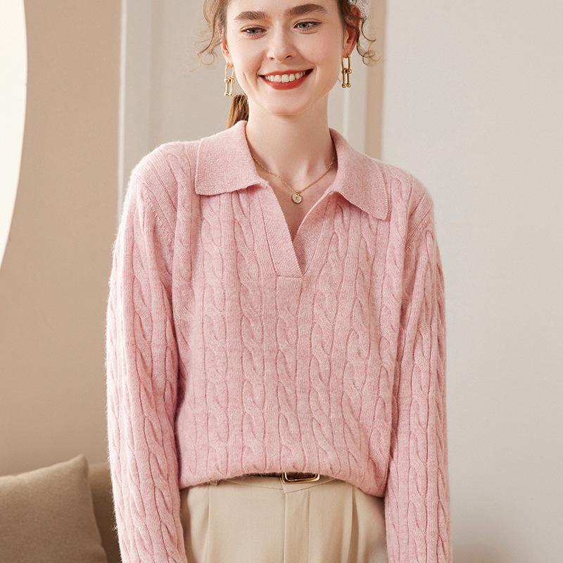 2023 Autumn Winter Women's Cashmere Polo Sweater: Versatile Retro Lapel Knit, Loose Cable Knit Base Layer