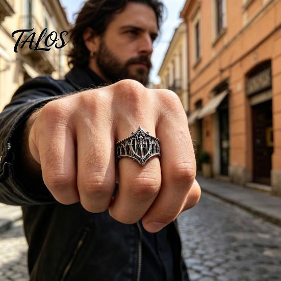 Retro Church Band Vintage Gothic Ring for Men, Hollow Engraved Architecture Statement Band, Dark Style Punk Finger Jewelry Daily Wear Parties Durable