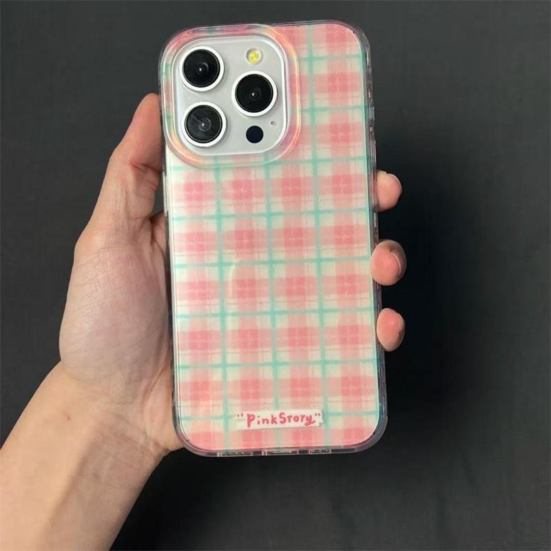Pink Checkered Phone Case For iPhone 16 15 14 13 12 11 Pro Max X XR XS Max 7 8 Plus With Checkered Small Flowers Lanyard Cover