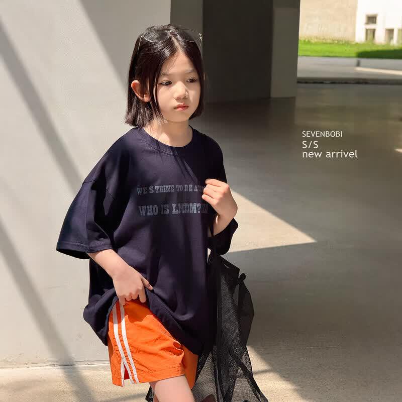 SEVEN BOBIS Girls Cotton Letter Print Lapel Short Sleeve T-Shirt 150 cm темно-синий