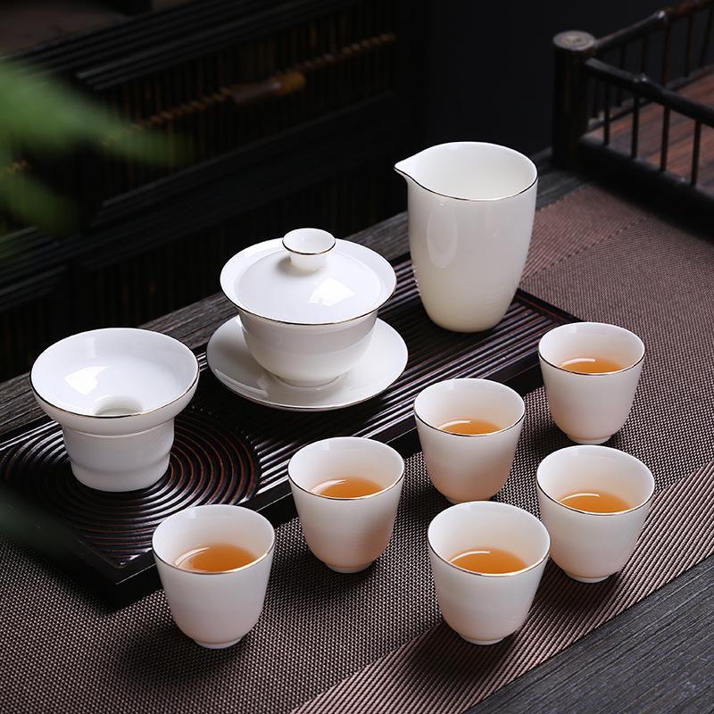 Ceramic suet jade porcelain kung fu tea set cover bowl teacup business company festival gifts