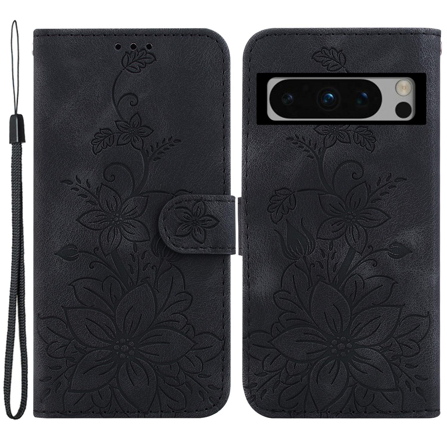 

For Google Pixel 8 Pro PU Leather Wallet Phone Case Lily Flower Imprint Anti-fall Stand Shell Black