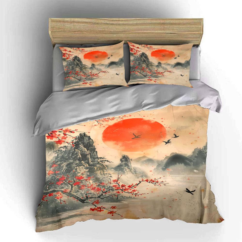 Red sun, birds, mountains. Bedding sets Duvet cover sets Duvet covers Pillowcases(1 * Duvet Cover 2 * Pillowcases without duvet insert)