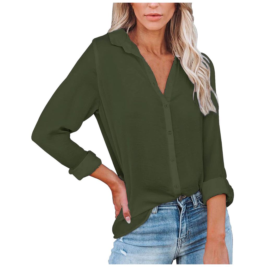 Women's Fashion Casual Buckle Long Sleeve Sleeve Slit Shirt Tops Solid Color