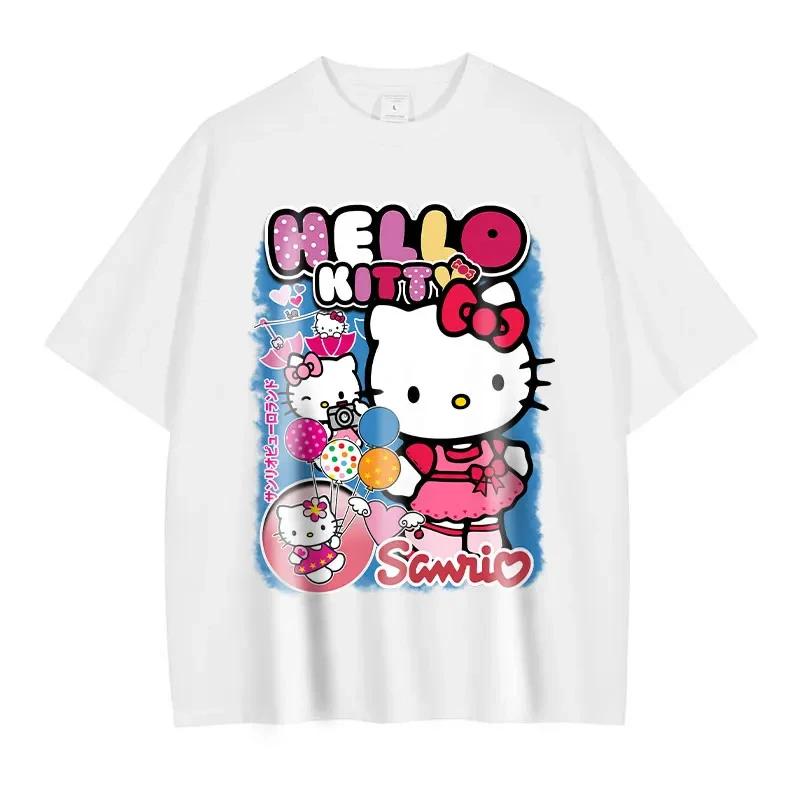 2026 New Holiday Tshirt with Hello Kitty Print Retro Sleeve Style Multi Pattern Pure Cotton Womens Tshirt Round Neck Y2K Top
