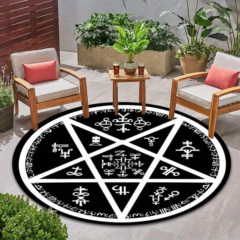 Schwarz-Weißes Pentagramm Runen Runder Teppich, Rutschfeste Wohnzimmer Matte, Dekorativer Teppich für Tarot-Raum und Schlafzimmer