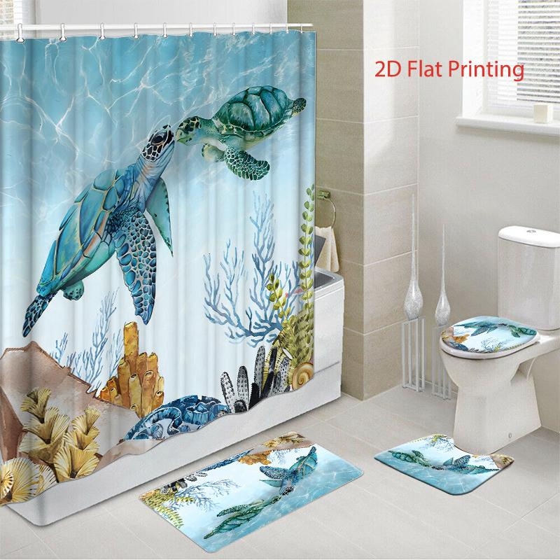 4PC-piece shower curtain set with 12 hooks, shower pad, toilet seat, seat, bathroom non slip carpet, washable curtains for home decoration