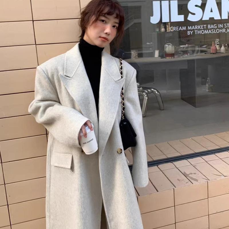 

Двубортное шерстяное пальто с правым плечом, удлиненное в корейском стиле, универсальное двубортное шерстяное пальто с подплечниками в стиле ретро для женщин M