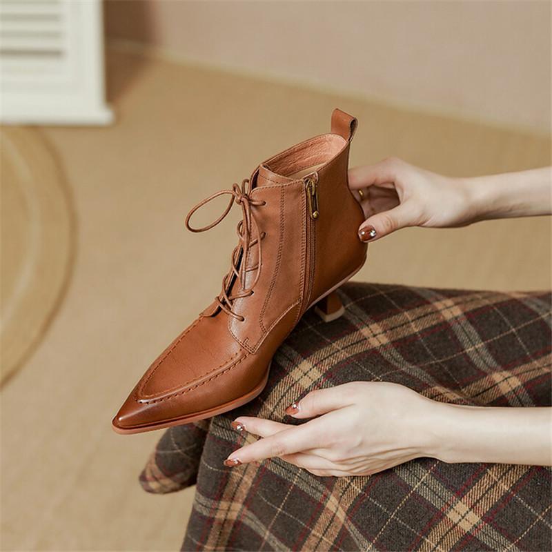 Fashion 2025 Autumn Winter Fashion Pointed Toe Women Shoes French Retro Genuine Leather Ankle Boots for Women Thin Heel Boots Shoe Women