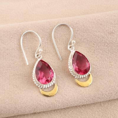 Rosa Turmal Edelstein 925er Massivsilber Handgefertigter Schmuck Hängeohrringe 1,5" EE-162-5