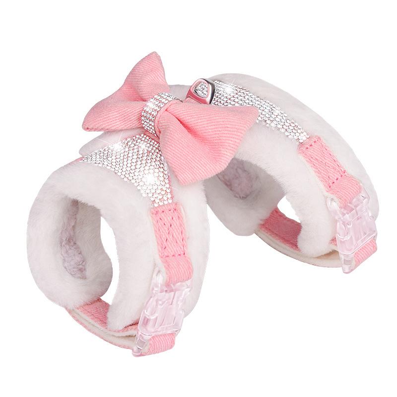 Warme Haustier-Zugleine für Herbst und Winter mit einer heißen Diamant-Schleife, Haustier-Brustgeschirr, Zugleine für kleine und mittelgroße Hunde S  32-39CM