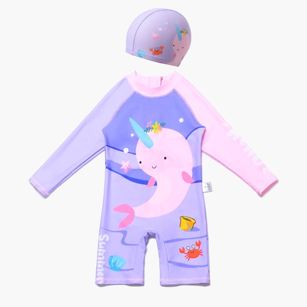 Pink Narwhal Cartoon One-Piece Swimsuit: Quick-Drying Girl's Swimwear for Middle and Large Children