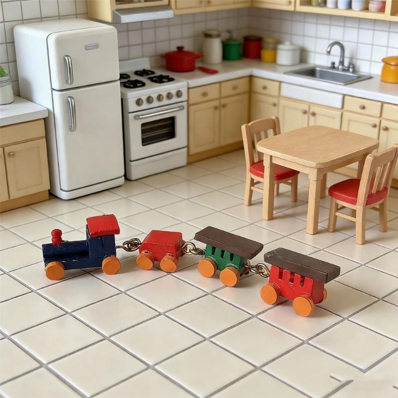 1/12 Miniature Wood Train Toy with Vibrancy Color Carriages and Metal Hooks for Doll House Scene Display Enhancement