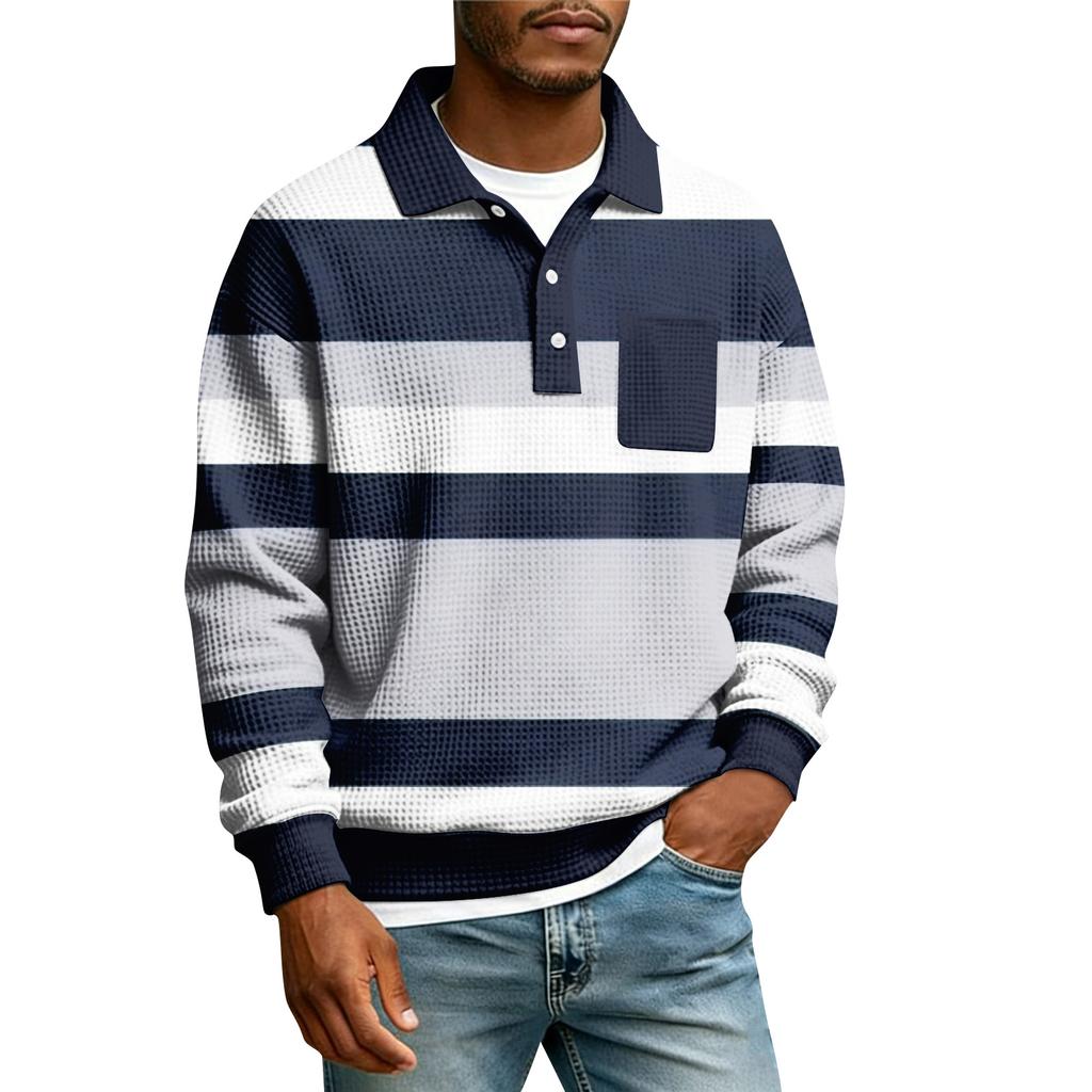 Men's Striped Single Breasted Long Sleeved Shirt With Collar And Pockets  Casual Sports T,shirt
